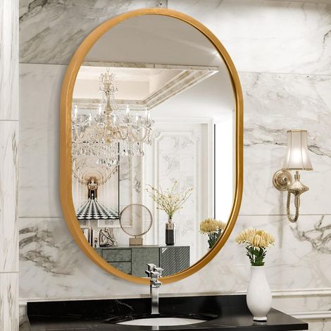 Miroir mural ovale de salle de bain avec cadre en métal pour montage mural, 40 x 30 cm, petit miroir décoratif en alliage d'aluminium doré pour salon, chambre à coucher, entrée, couloirs (1/5)