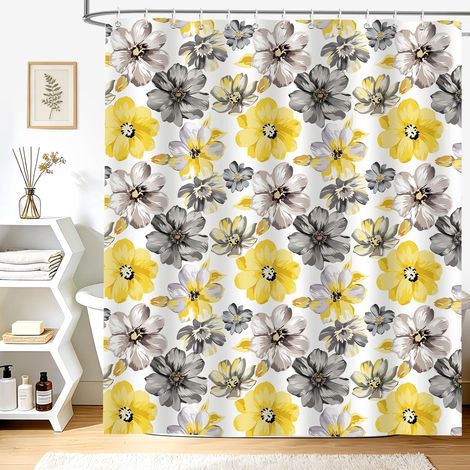 Cortina de ducha de 180 x 200 cm con estampado de flores en acuarela en tonos grises y amarillos, estilo rústico primaveral Cortinas de baño impermeables de poliéster, lavables a máquina, con 12 ganch (1/5)