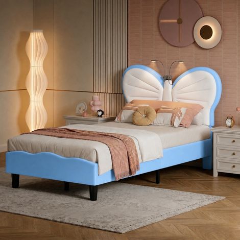 Letto per bambini 90x200 cm con testiera a farfalla, letto singolo in velluto blu, rete a doghe, letto imbottito per cameretta