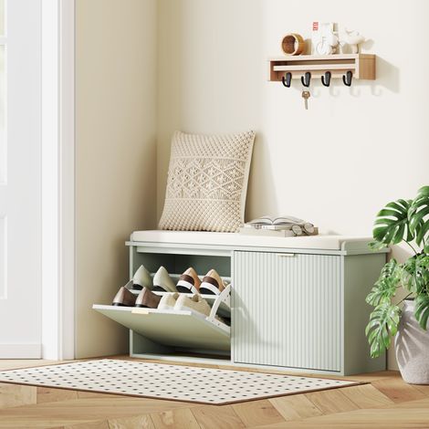 Stylish Entryway Shoe Storage Bench with Cushioned Seat, Removable Cover, Two Drawers for Ten Pairs, Compact Design, Green Beige