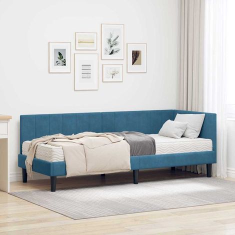 Eckbettgestell mit Matratze mit Kopfteil 2 pcs Blau Samt