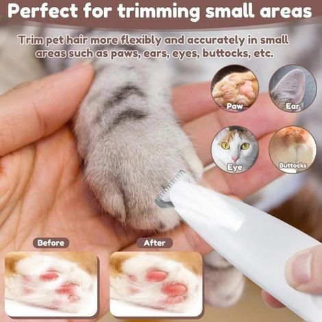 Recortadora de pelo para mascotas, Afeitadora de patas, Cuidado del pelaje de mascotas, LED recargable e impermeable, 16 cm de longitud, Blanco (1/5)