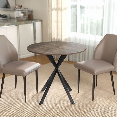 Table à manger ronde pour 2 personnes avec plateau aspect bois et piètement croisé en acier, marron (1/5)