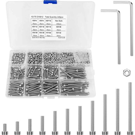 Vis Inox(440Pcs), M3 Boulons et Ecrou Kit Assortiment, Boite Boulon et Écrous Assortiment, Petite Visserie Moto Auto Voitures Mécani (1/5)