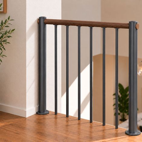 Ringhiera per scala diritta - Grigio - Acciaio verniciato a polvere - Lunghezza 1 m - Corrimano in legno di noce - RE-I-RV-BOIS-GN (1/5)