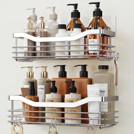 Inoxydable Serviteur de Douche Etagère avec 5 Crochets pour Salle de Bain Panier Toilette Cuisine Spice Rack Acier SUS304 sans Perçage - 2 Pack (1/5)