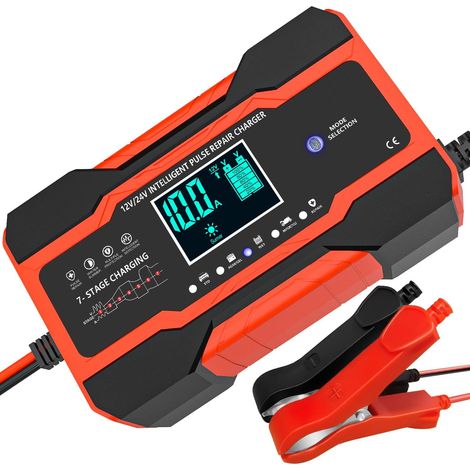 Chargeur de batterie de voiture 10 A, chargeur de batterie de voiture entièrement automatique intelligent 12 V/24 V avec compensation de température pour voiture camion moto tondeuse à gazon bateau ba (1/5)