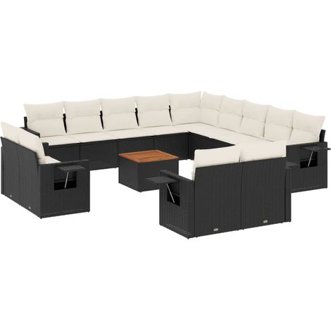 Salon de jardin avec coussins 14 pcs noir résine tressée (1/3)