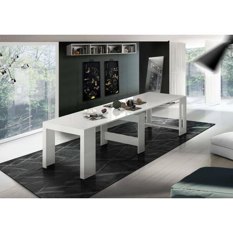 Dmora Table à manger moderne, Made in Italy, Console extensible jusqu'à 12 places, avec support d'extension,51x90h77 cm (jusqu'à 300 cm) couleur Blanc brillant, avec emballage renforcé (1/5)