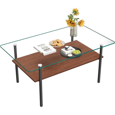 Table basse design en verre et étagère MDF, meuble de salon 2 niveaux avec piètement métal, console rangement rectangulaire finition bois/noir - H45 x L98 x P58 cm (1/5)