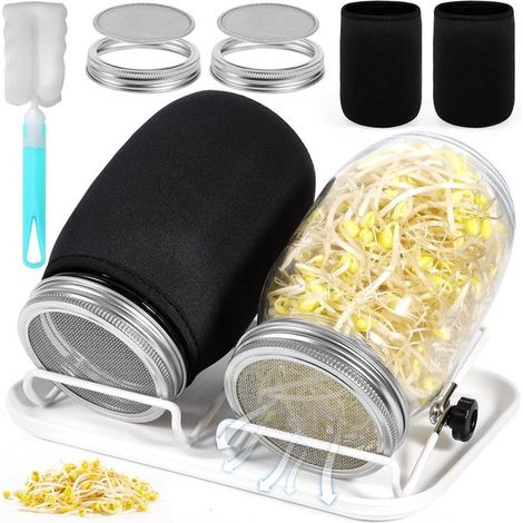 Keimtopf-Set aus Glas 2-teilig 1000 ml Keimtopf mit 1 Schale 2 verstellbaren Halterungen 2 blickdichten Deckeln 2 Edelstahl-Filtersieben 1 Bürste (1/5)