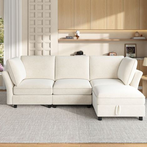 Sofá angular modular, 4 plazas, chenilla beige, con puf con almacenaje (1/5)