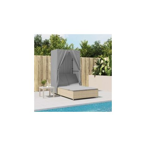 Chaise longue double avec toit et rideaux beige résine tressée (1/5)