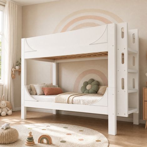 DESMIU Lit superposé enfant 90 × 200 cm 2 places avec échelle réversible et séparables, sans matelas, en bois et métal, blanc (1/5)