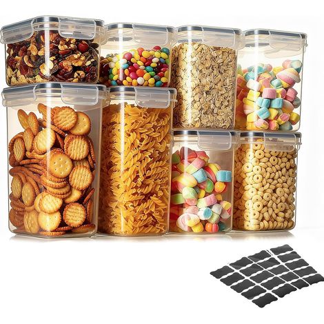 Boîte de Rangement Cuisine, Hermetique Alimentaire Boite Plastique avec Couvercle Frigo Lot de 8 pour Céréales, Farine, Sucre, Riz, Pâtes Sans Bpa avec Autocollants (1/5)