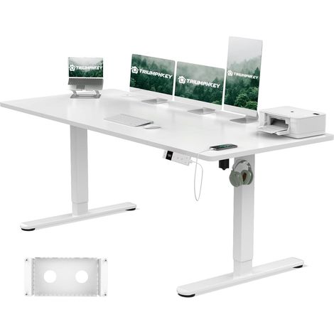 Bureau Assis Debout 180x80cm avec Prise Type-C, Bureau Réglable en Hauteur avec Bac de Gestion des Câbles, 3 Mémoires de Hauteur, Blanc (1/5)