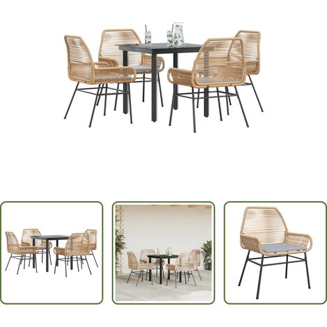 vidaXL Table de jardin -  Ensemble à manger jardin coussins 5pcs marron poly rotin verre (1/5)
