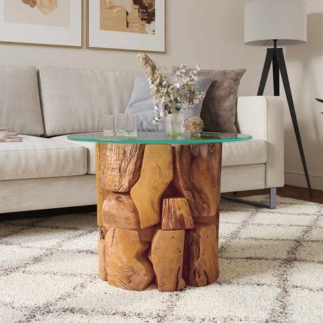 Vidaxl – Table basse en teck massif 60 cm – Dessus en verre trempé – Base en bois flottant – Design rustique unique