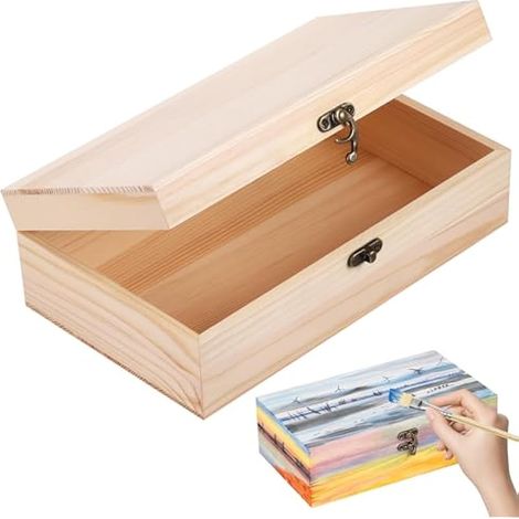 Boîte en bois brut avec couvercle, 25x15x8cm, petite boîte en pin avec charnières et fermeture à loquet, coffret de rangement pour artisanat, décoration maison et souvenirs.
