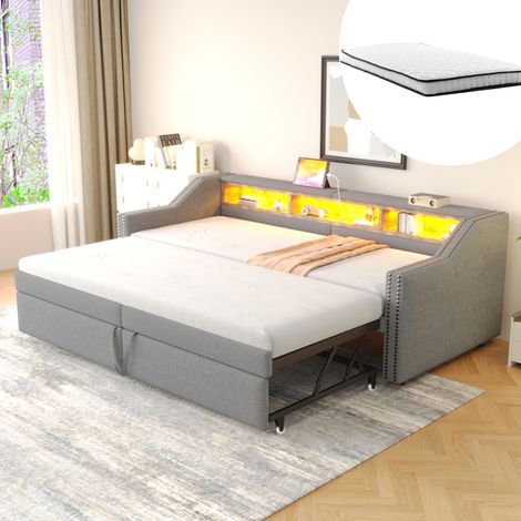 CHICFURN Sofá cama nido 90/180x200 cm de lino gris claro con LED, USB y almacenaje (1/5)