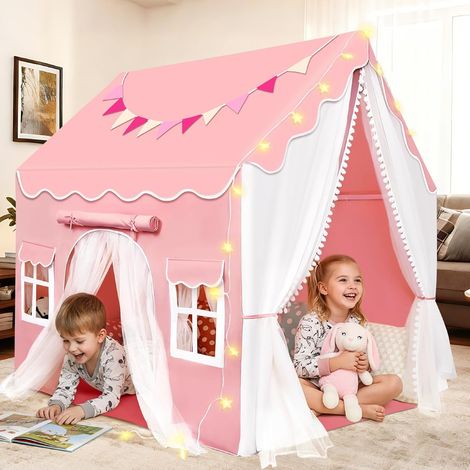 2 en1 Tente Enfant Interieur, Cabane Enfant avec Lumières et Drapeaux, Tente de Lit Jeu, Idéal pour la Décoration de Chambre et Fête 120x100x127 CM (Rose) (1/5)