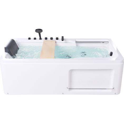 Bañera de hidromasaje con reposacabezas de masaje bandeja de baño de madera de roble acrílico 180 x 86 cm blanco Camalu (1/5)