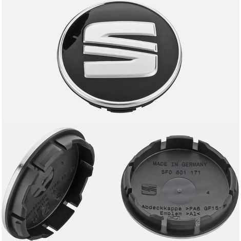 Enjoliveurs centraux de roue noirs/argentés. 54 mm. lot de 4. compatibles avec Arosa Ibiza. Leon. Altea. Exeo et Cordoba. (1/2)