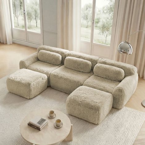 Modulares U-Form Sofa aus Plüsch mit Ottoman Hellkhaki OKMYHOME (1/5)