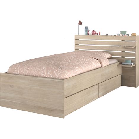 Lit enfant ESCALE 90x190/200 cm - Décor chene - Tete de lit + 2 tiroirs - L121,5 x H88,6 x P216,8 cm (1/5)