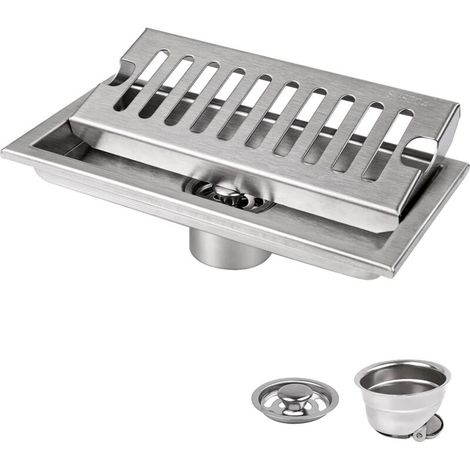 Piletta di scarico a pavimento, Piletta di scarico a pavimento rettangolare 20 x 10 cm, Piletta di scarico a pavimento argentata con griglia in acciaio inox, Adatta per WC, Bagno, Cucina, Balcone