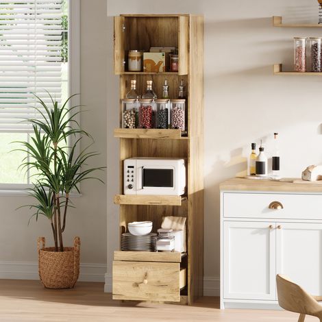 MODFU – Armoire haute 50x45x200 cm MDF/PB – 2 portes, 3 organisateurs coulissants et tiroir – Charge 60 kg – Cuisine – Naturel (1/5)