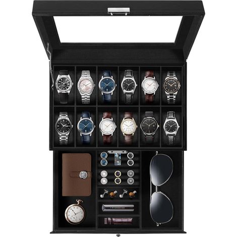 Boîte à Montres 12 Compartiments, 2 Niveaux Coffret à Montres en PU, Couvercle en Verre, Coffret de Rangement pour Montres, Coussinets Coton de Soie, Doublure Noire, Idée Cadeau (1/5)