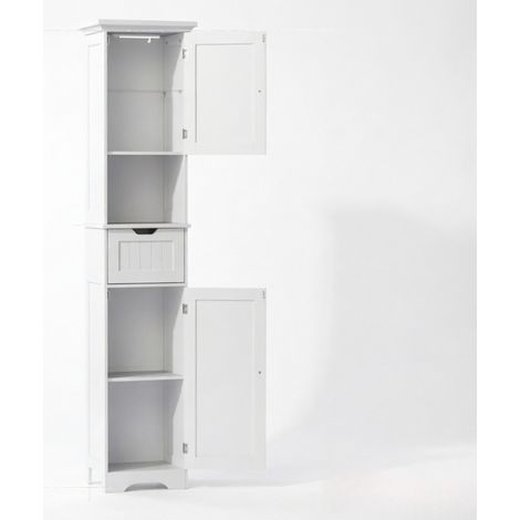 Mobile bagno alto stretto con LED, 2 ante, cassetto e ripiano aperto, bianco, MDF (1/5)