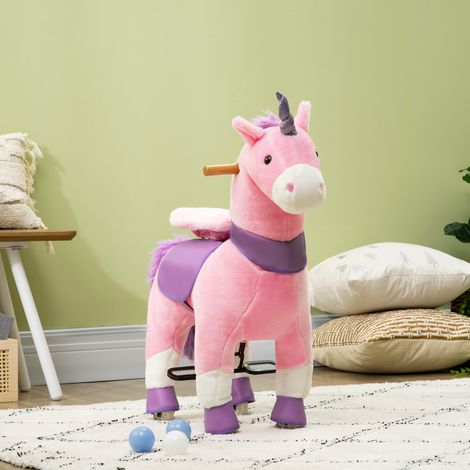 Cheval à Bascule Roues Licorne pour Enfants 3-6 Ans, 70x32x87cm, Rose (1/5)