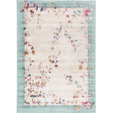 Tapis rectangulaire tissé 120x170 cm rose et bleu – Motif floral – Anti-poussière et hydrofuge – Pour chauffage par le sol – Unamourdetapis
