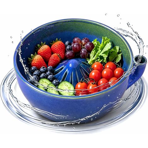 Rote Obstschale: 360° drehbarer Keramikreiniger – Schonende Reinigung für Erdbeeren, Blaubeeren, Weintrauben – Obst- und Gemüsewaschbecken mit Abflusslöchern – Küchenutensil (Himmelblau)