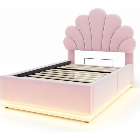 Cama tapizada 90x200 cm con cabecero floral, LED y almacenaje hidráulico, rosa (1/5)
