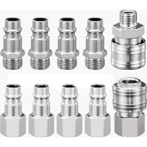 Kit de 10 raccords rapides pneumatiques pour compresseur, 1/4" BSP, raccord rapide, raccord d'air, tuyau, connecteur d'air comprimé, mâle et femelle (1/2)