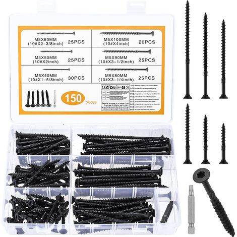 150 Pièces Vis à Bois Torx Noir M5, Tête Fraisée Terrasse Charpente (1/5)