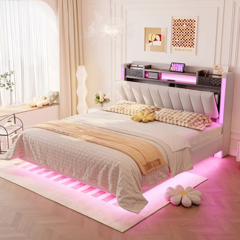 DESVIAE Lit double rembourré 140 x 200 cm avec LED port USB tête de lit avec rangement poches pour téléphone effet flottant tissu lin beige (1/5)