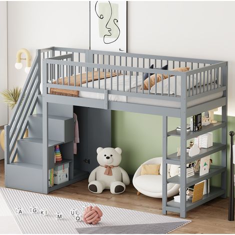 Letto a soppalco 90 x 200 cm con armadio, ripiani e scala di sicurezza, grigio HAVRYA (1/5)