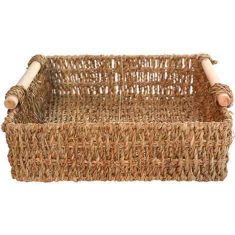 Paniers de rangement avec poignées en bois, paniers en jonc de mer tressés à la main pour la maison, paniers en osier naturel pour organiser le garde-manger, le salon, le bureau et la cuisine. (1/5)