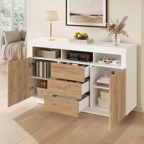 Buffet de rangement 3 tiroirs 2 portes 3 étagères, 140x40x85 cm, en panneaux de particules, blanc et décor bois (1/5)
