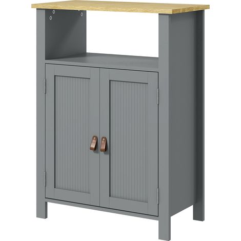 Meuble bas salle de bain multi-rangements grande niche placard double porte gris naturel (1/5)
