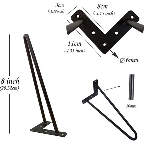 8 inch Metal Table Legs 20cm Hairpin Leg Black 2 Rod 10mm Mid Century Modern Industrial Style for Wardrobes Sofas Drawers Cabinet DIY Furniture w/Protector Feet & Screw (Set of 4) (1/5)