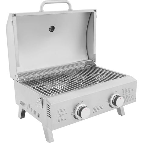 Barbecue a gas da tavolo con 2 bruciatori in acciaio inox, coperchio, regolatore del gas, piccolo barbecue a gas per balcone, campeggio, giardino, barbecue a gas GPL portatile