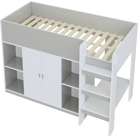 Lit mezzanine multifonctionnel 90200 avec espace de rangement, armoire et étagères – lit enfant avec échelle et structure robuste, gris