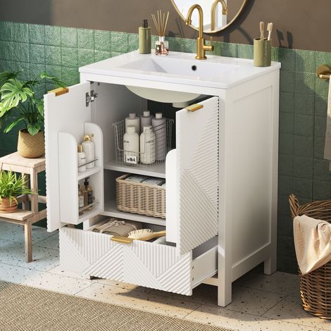 Meuble sous-vasque sur pied 61x47x87 cm, meuble salle de bain avec vasque céramique, motif ondulé, tiroirs et étagères, fermeture amortie, MDF, Blanc (1/5)