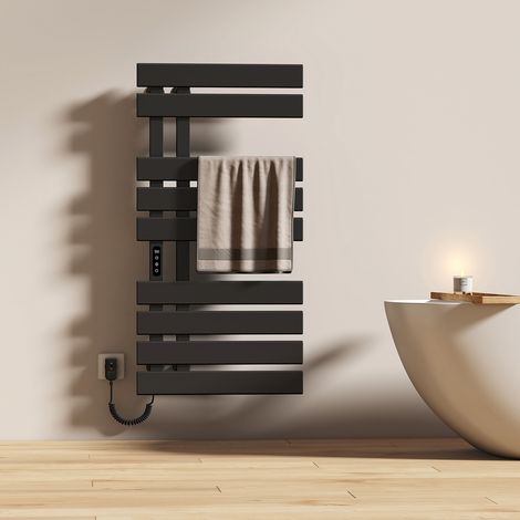 EMKE Sèche-serviette électrique avec élément chauffant thermostat température réglable minuterie LCD tactile, Porte-serviettes Tube plat Gauche, 1000 x 500 mm Noir (1/5)