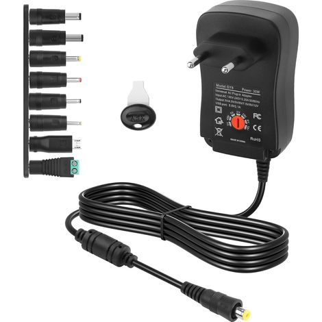 Adaptateur Secteur Universel 30W AC/DC Réglable, AC vers DC 3V 4.5V 5V 6V 7.5V 9V 12V 2A, avec 8 Embouts Adaptables et Port USB 5V 2.1A, pour Électronique Domestique 3V à 12V et Bandes LED (1/5)